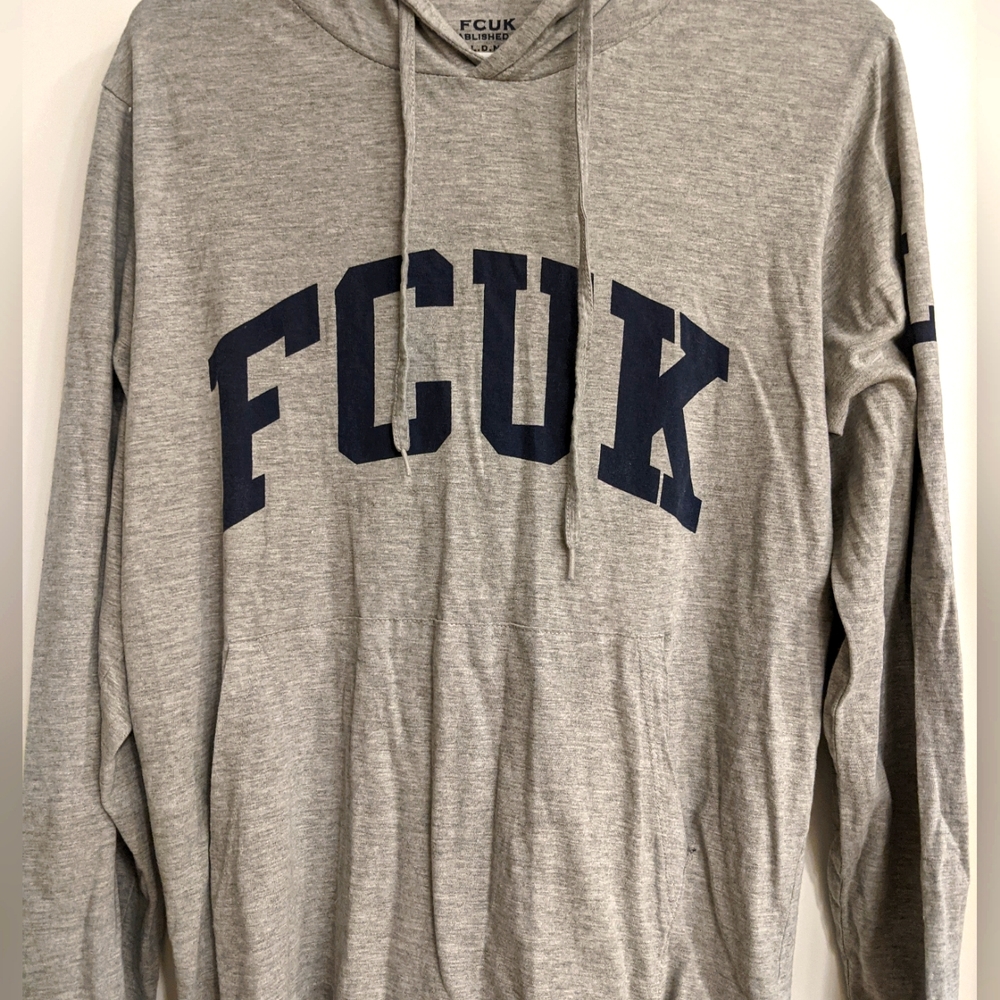 Men's hooded long sleeve T-Shirt FCUK size Large blue and gray very thin& light